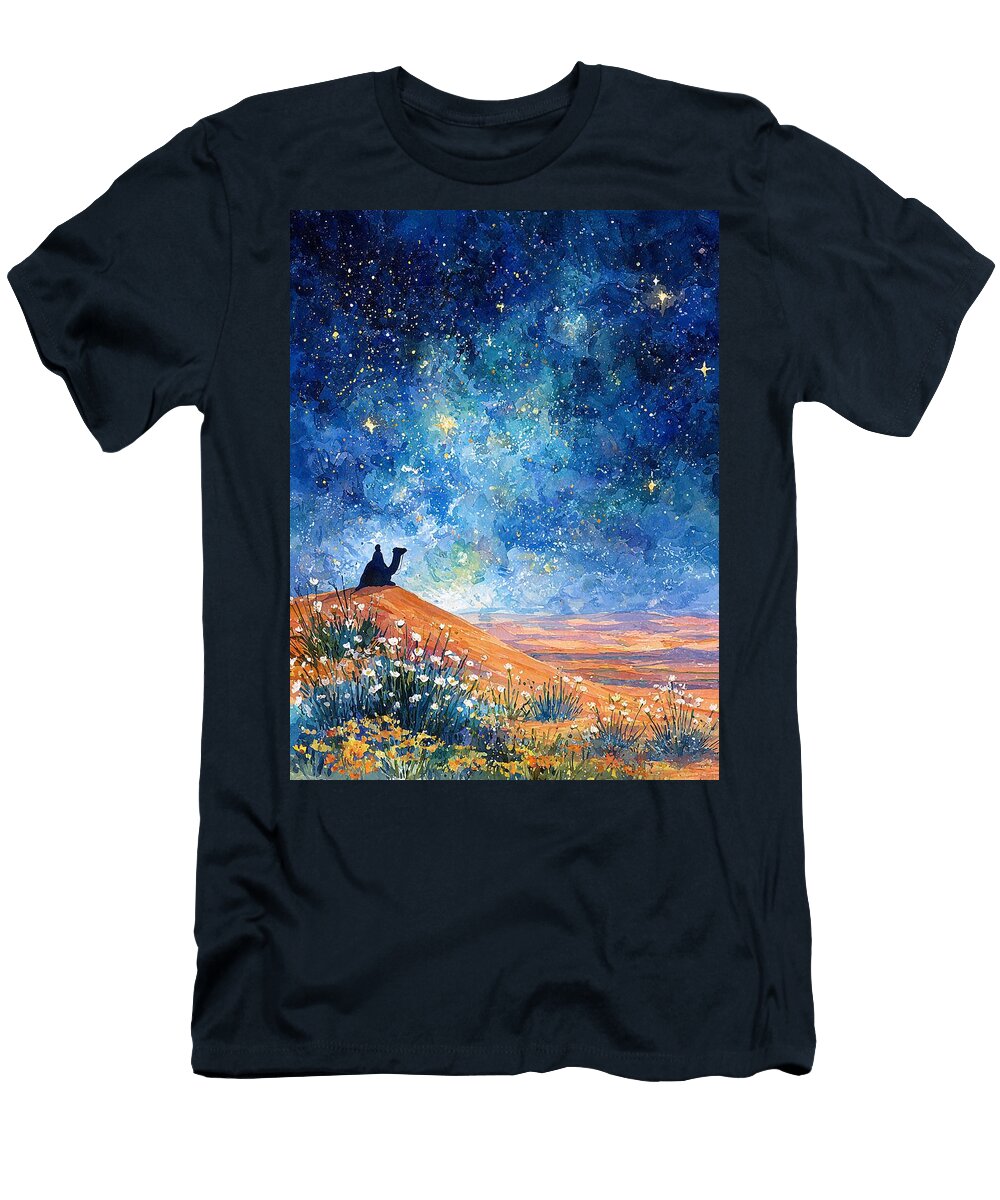Desert Landscape Starry Night Sky Camel Kneeling Religious Journey Elmer Powers T-Shirt