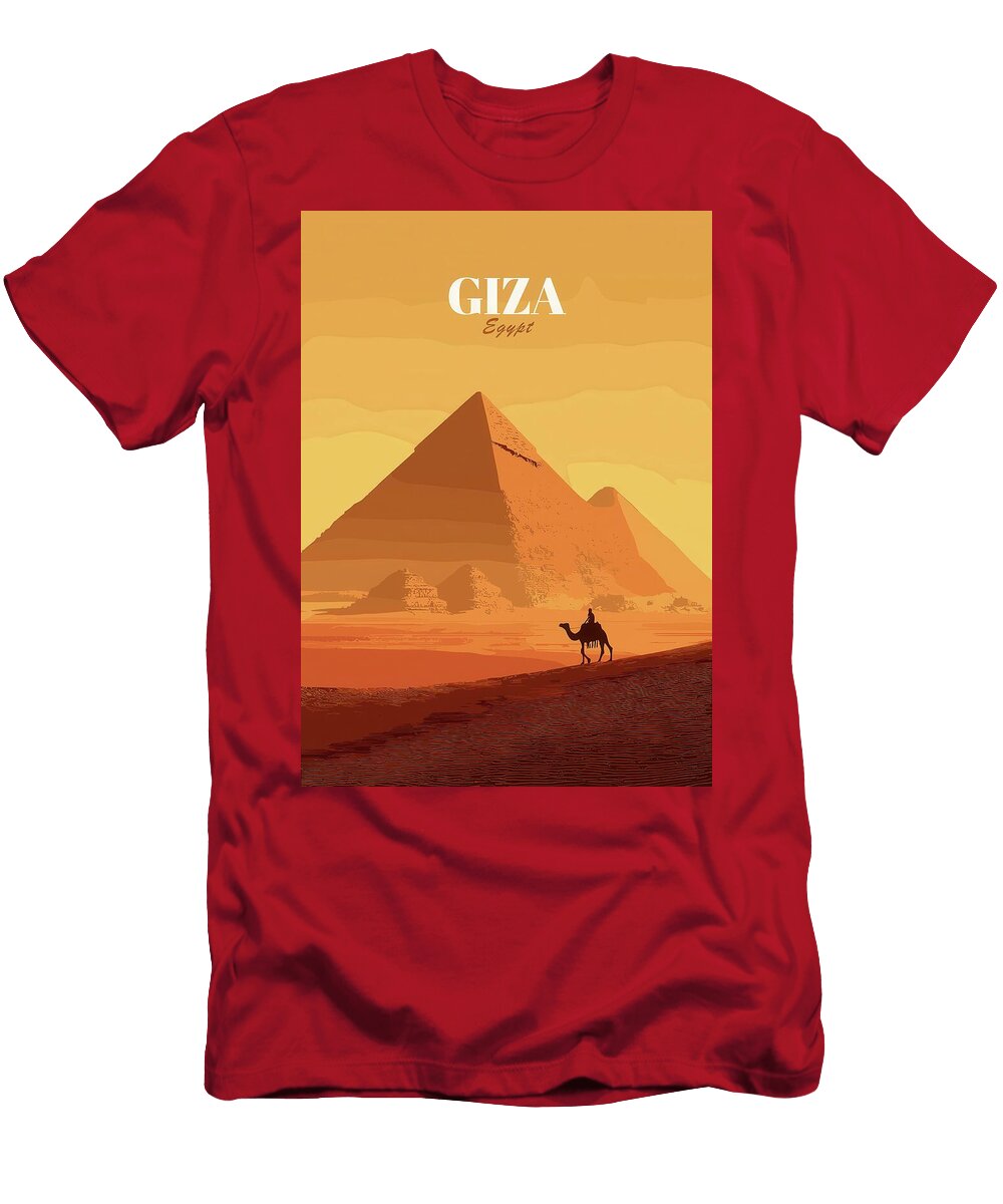Giza Pyramids At Sunset Giza Egypt Pyramid Camel Desert Illustration Travel Poster Art Print T-Shirt