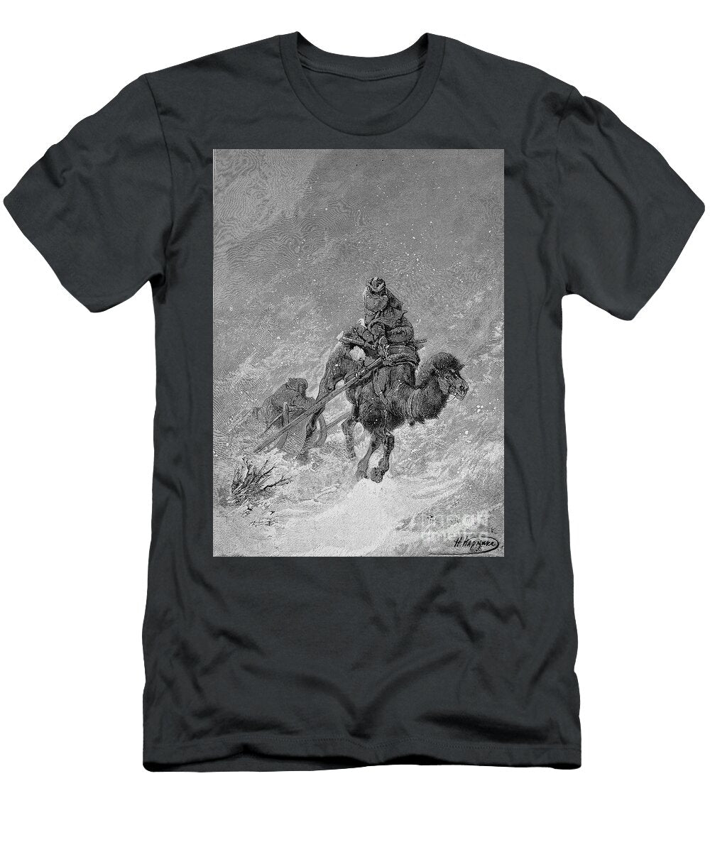 Winter on the Steppe of Turkmenistan Rider with a Carriage on a Camel in a Snowstorm Historic Unknown Artist T-Shirt